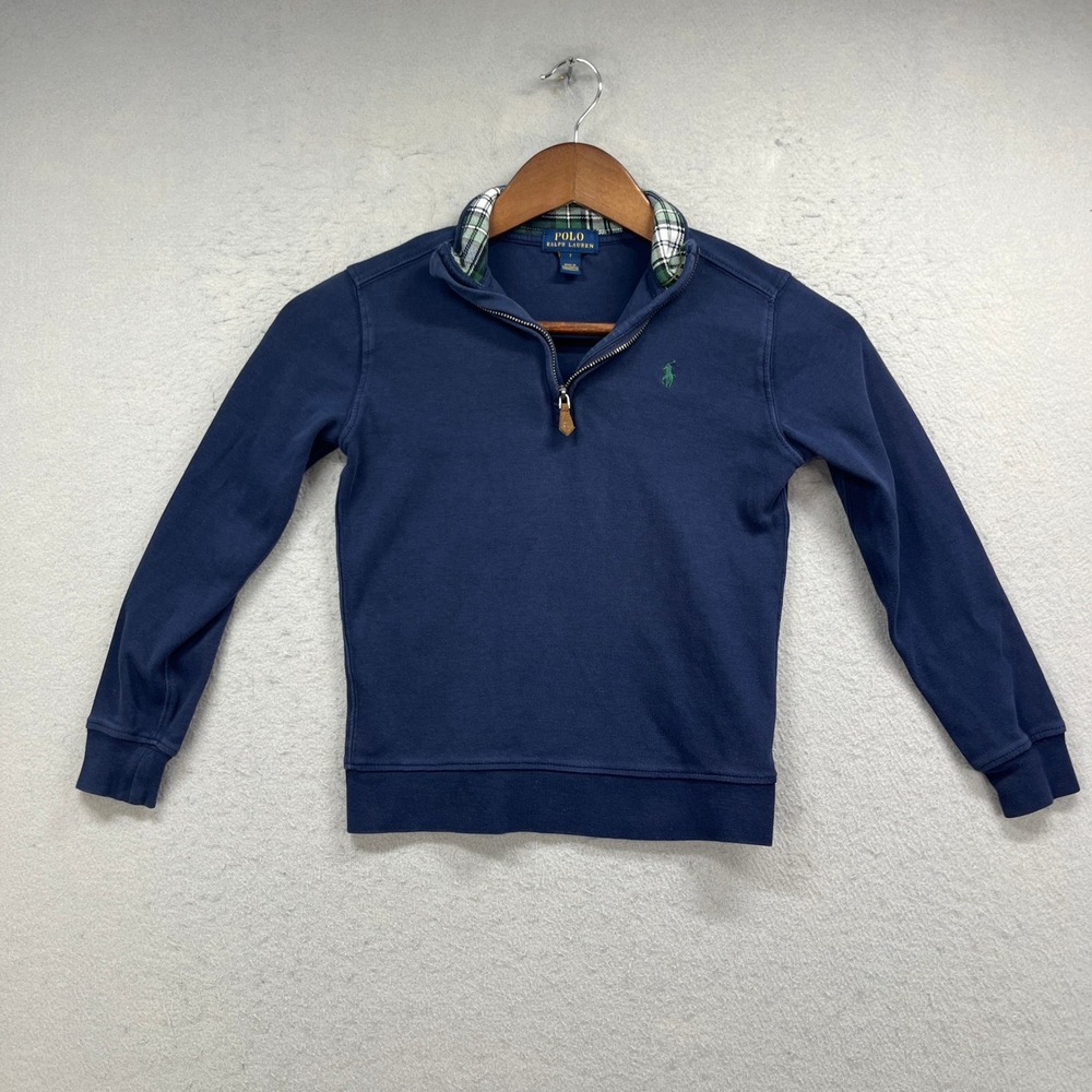 Polo Ralph Lauren Quarter Zip Pullover Boys 7 Navy Plaid Trim Pony Logo Preppy
